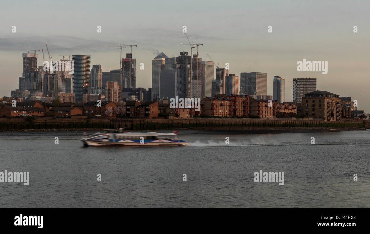 Early morning riverside London with the Canary Wharf view Stock Photo ...