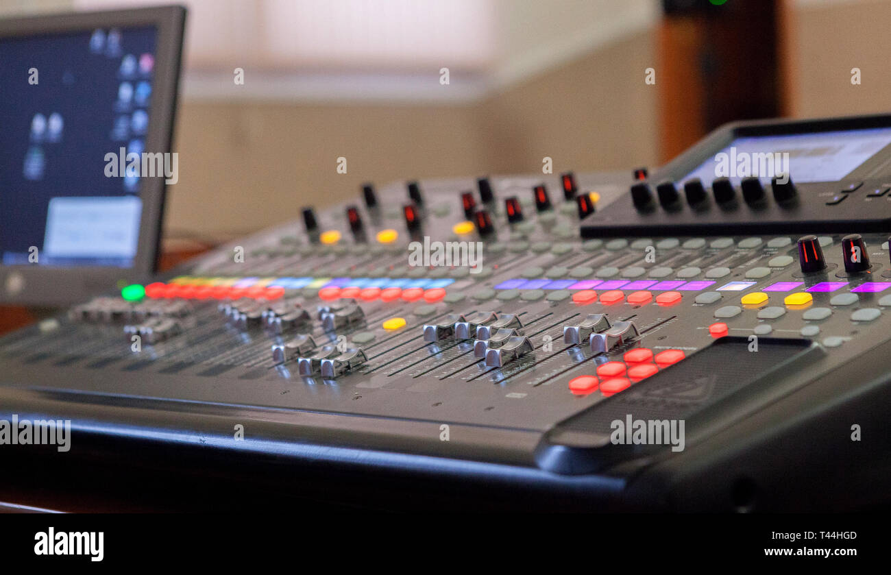 Sound recording studio mixing desk. Music mixer control panel Stock