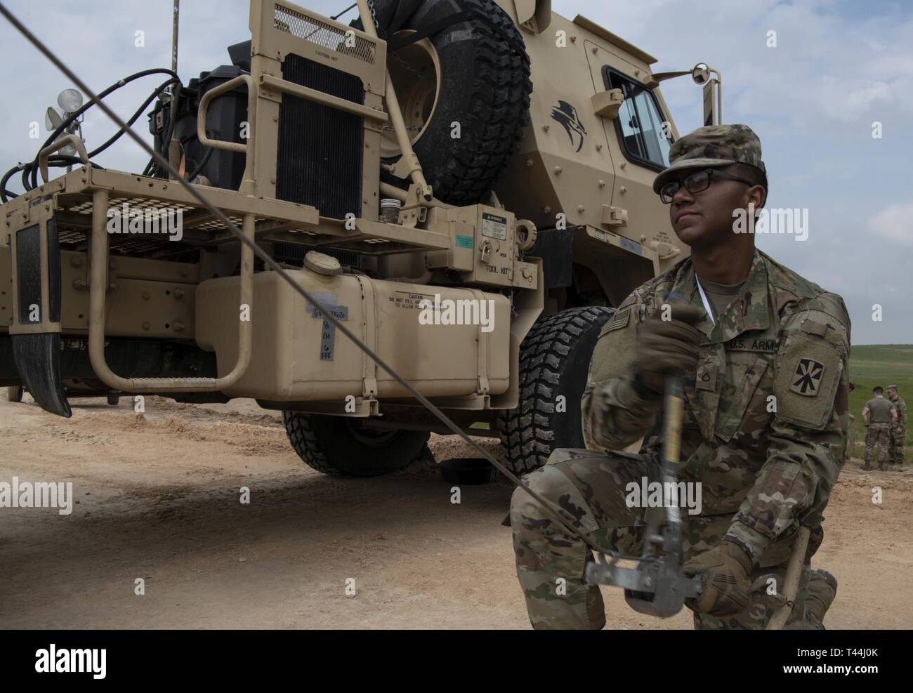 U.S. Army Pvt. 1st Class John Forero, a radar operator maintainer with Bravo Battery, 2nd Air Defense Artillery Regiment, 11th Air Defense Artillery Brigade, prepares equipment at the THAAD site in Israel on March 4 ,2019.   The deployment of a THAAD System to Israel is an exercise involving U.S. Army, U.S. Air Force and Israeli forces, under the Dynamic Force Employment concept. The exercise builds readiness and interoperability in the region, demonstrates the U.S. capability to rapidly deploy air defense assets globally, and demonstrates U.S. Army Europe's mission to deter potential adversar Stock Photo