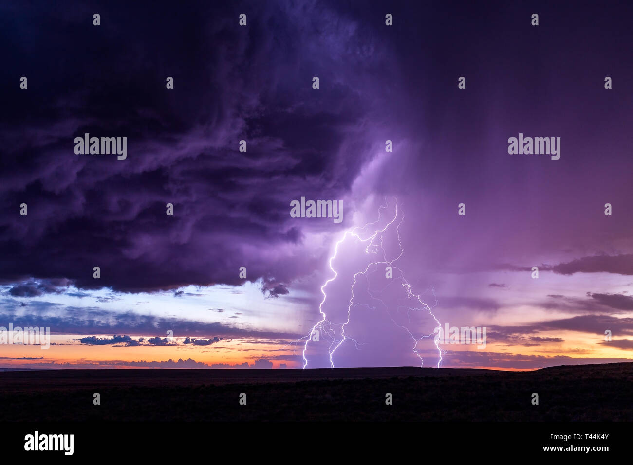 A dramatic thunderstorm cloud with lightning strike moves across the desert at sunset near Holbrook, Arizona, USA Stock Photo