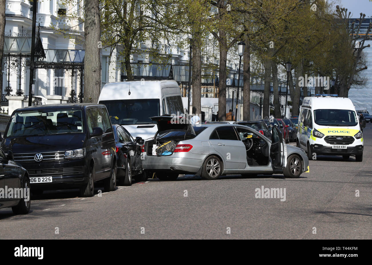 The scene near the Ukrainian Embassy in Holland Park, west London after police fired shots after the ambassador's car was 'deliberately rammed'. Stock Photo