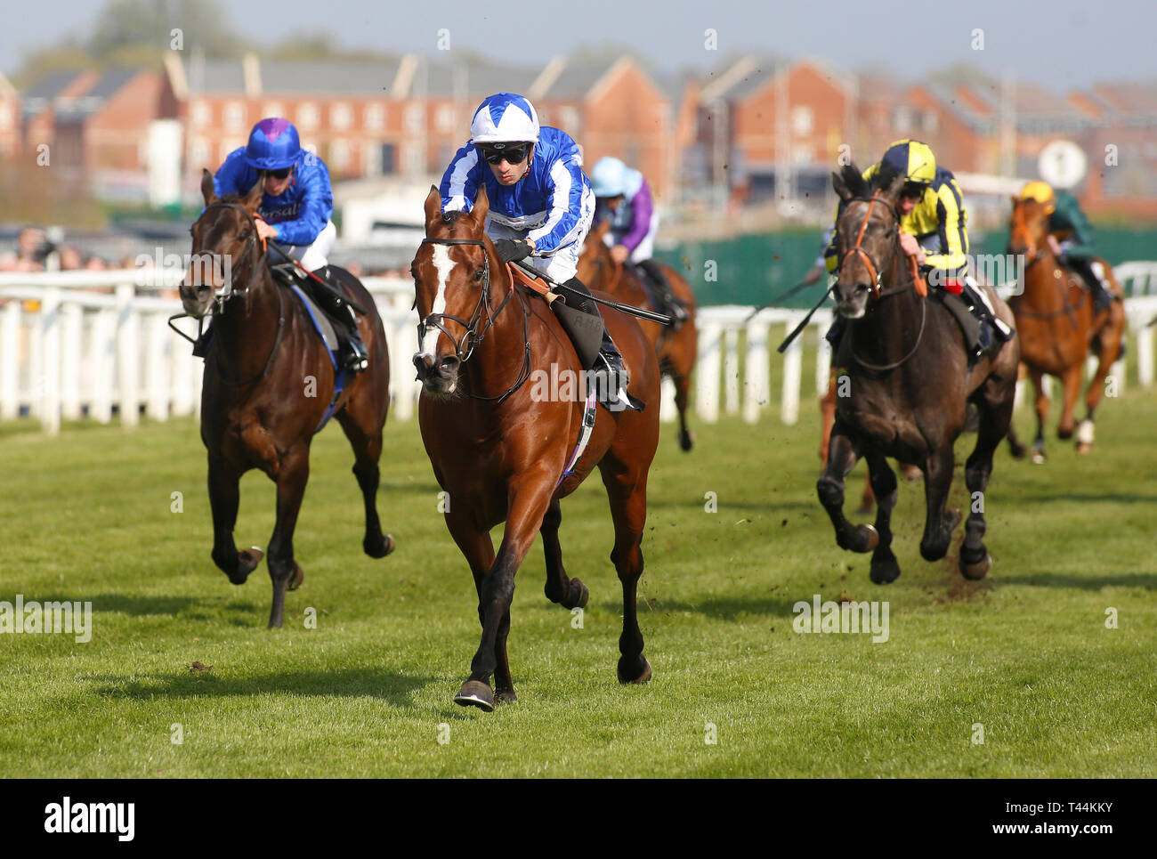 Fox Chairman and Silvestre De Sousa win Division I of The Dubai Duty Free Tennis Championships Maiden Stakes Race run during day two of the Dubai Duty Free Spring Trials Weekend at Newbury Racecourse. Stock Photo