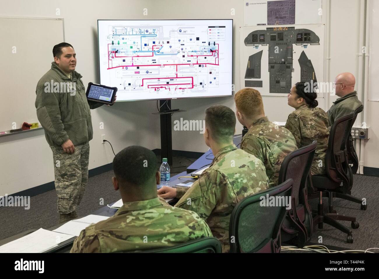 Students watch as Staff Sgt. Jose Cardona, 373rd Training Squadron, Detachment 3, C-5M Electrical and Environmental Systems instructor, uses the Interactive Multimedia Instruction tablet for the C-5 Air Conditioning and Pressurization Systems Trainer in conjunction with an interactive schematic of the C-5M environmental and pressurization system Feb. 20, 2019, at the 373rd TRS, Det 3, on Dover Air Force Base, Del. The IMI and schematic allows Cardona to train students on the AC & PST by monitoring actions, inputting malfunctions and simulating on-the-ground or inflight scenarios. Stock Photo