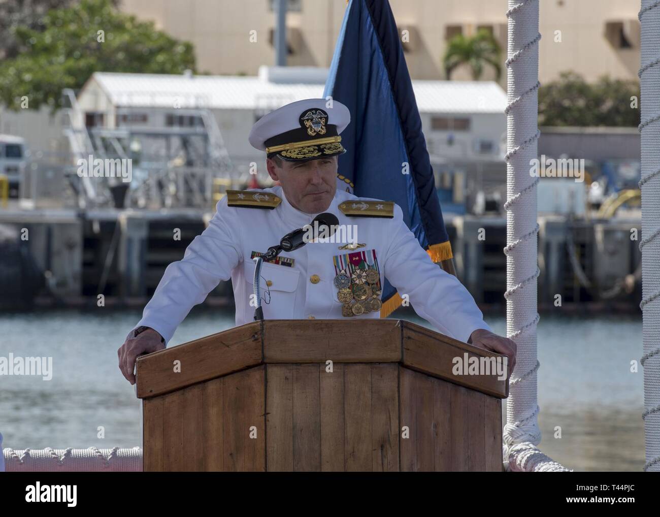 PEARL HARBOR (Feb. 21, 2019) - Rear Adm. Blake Converse, commander,  Submarine Force, U.S. Pacific Fleet (COMSUBPAC) delivers remarks during the  COMSUBPAC change of command ceremony aboard the Virginia-class fast attack  submarine