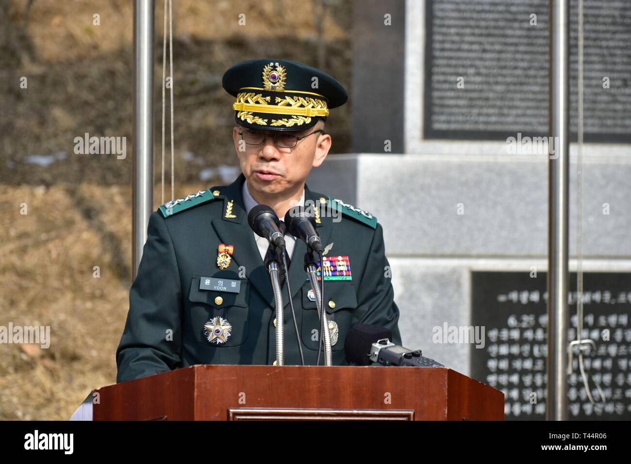 CHIPYONG-NI, Republic of Korea – Lt. Gen. Yoon, Eui Cheol, commanding general, 7th Corps, Republic of Korea-Army, speaks about an historical turning point of the Korean War during the 68th anniversary commemoration for the Battle of Chipyong-ni at the Chipyong-ni Combat Monument and Memorial Hall, Feb. 21. Yoon presided over the event which highlighted the three-day battle in February 1951. Stock Photo