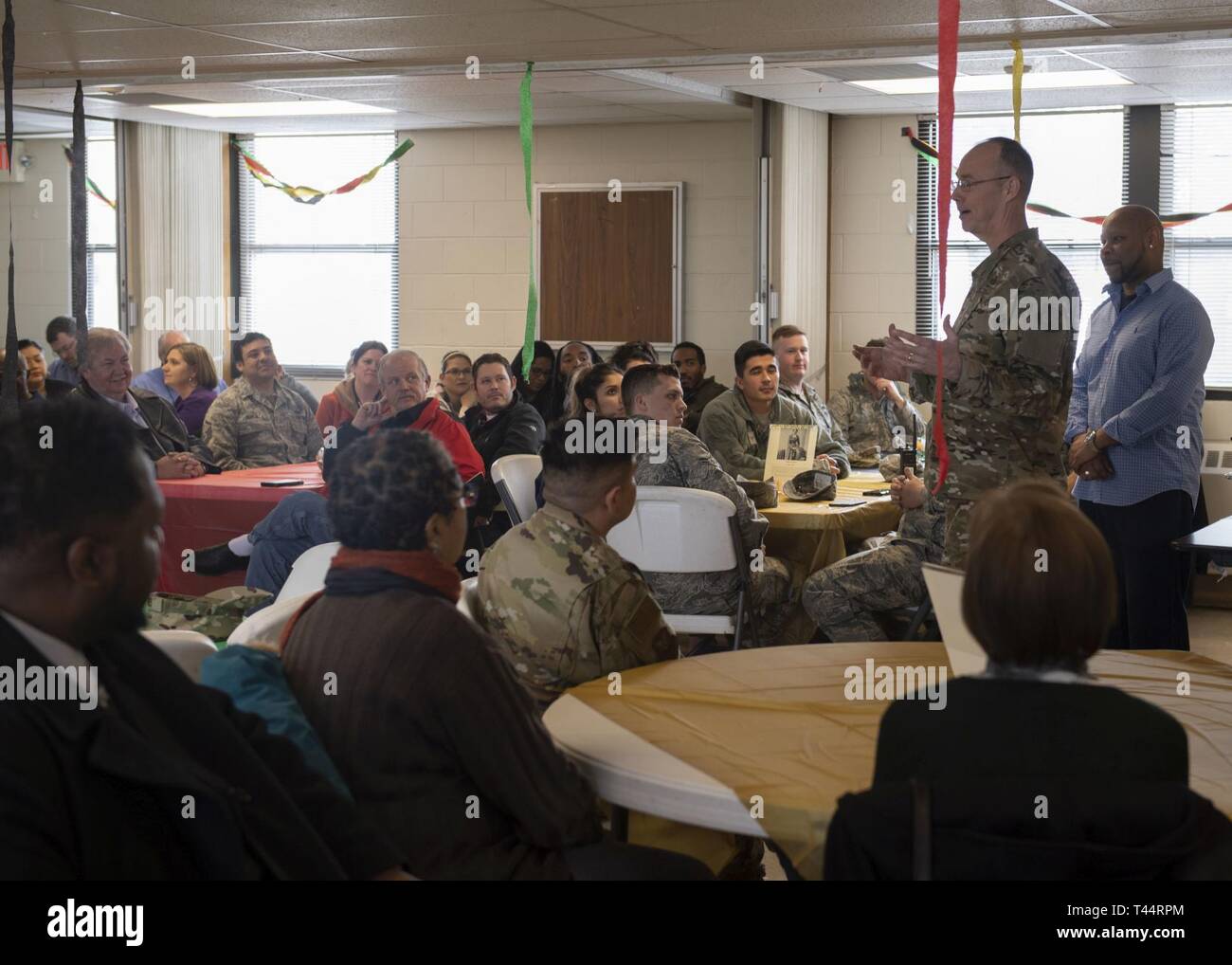 Col. Richard Gibbs, 377th Air Base Wing commander, speaks before the Black History Month Soul Food Tasting at Kirtland Air Force Base, N.M., Feb. 21, 2019. The theme for this year is Black Migration; emphasizing the movement of Black Americans and Americans of African descent and their influence on American culture and the U.S. Air Force. Stock Photo