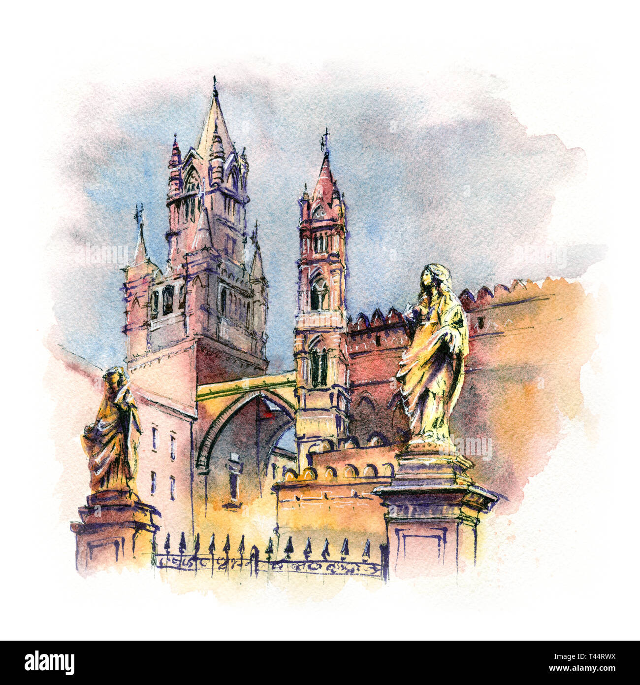 Watercolor sketch of Metropolitan Cathedral of the Assumption of Virgin Mary in Palermo in the morning, Sicily, Italy Stock Photo