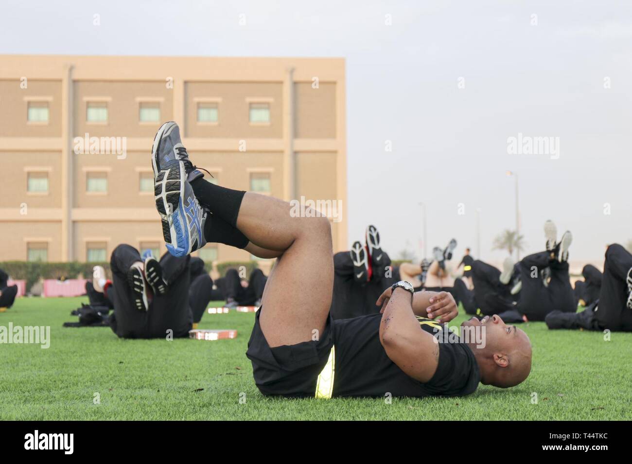 U.S. Army Staff Sgt. Brian Hair, 335th Signal Command (Theater) (Provisional), leads physical