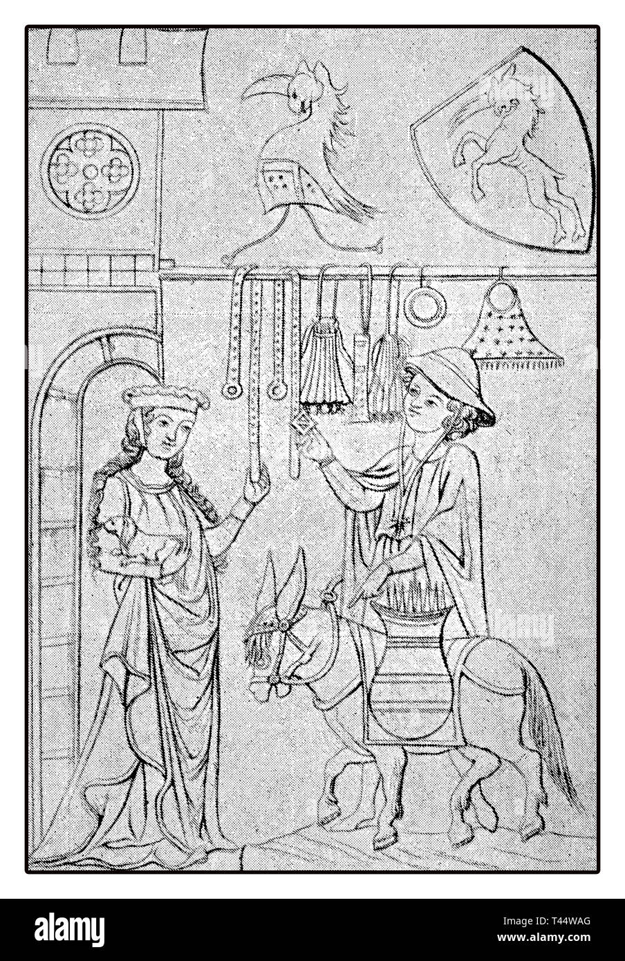 Old drawing describing the Knight courtly love in the Hohenstaufen times, a  dynasty of German kings in the Middle Ages Stock Photo
