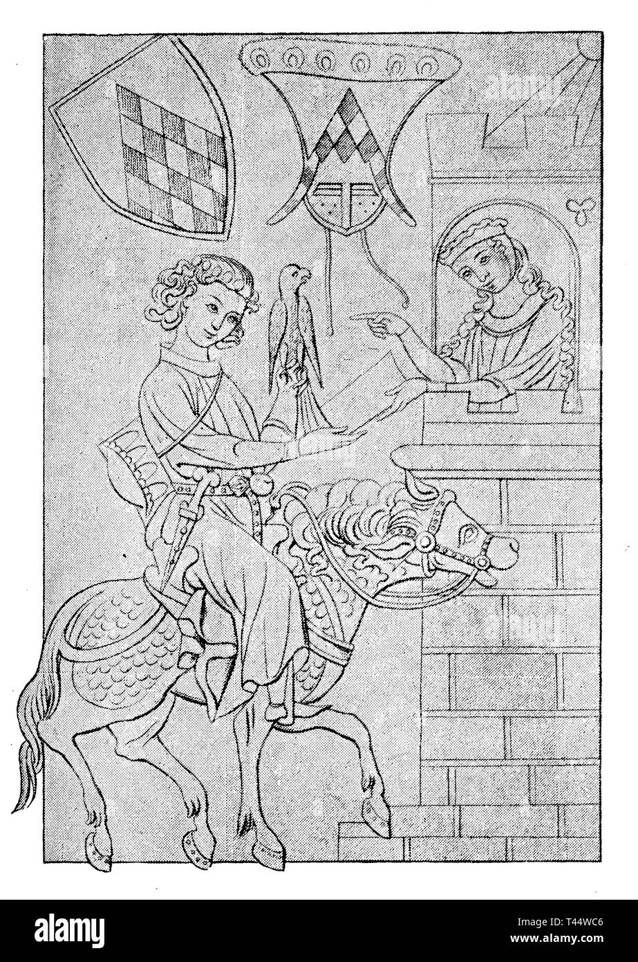 Old drawing describing the Knight, and the courtly love life in the Hohenstaufen times, a  dynasty of German kings in the Middle Ages Stock Photo