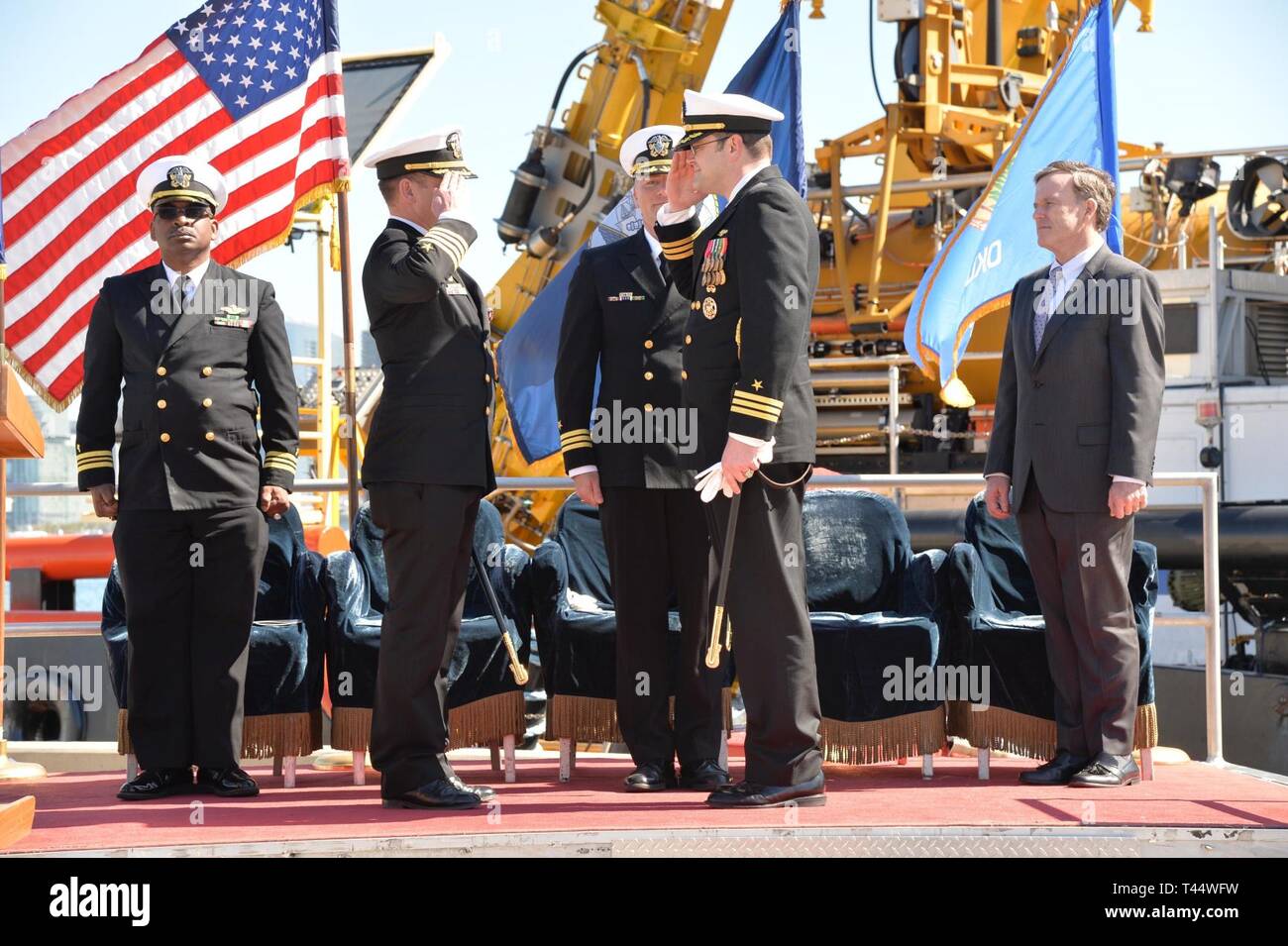 DIEGO (Feb. 22, 2019) - Capt. Michael Eberlein, (left), is relieved by Cmdr. Joshua Powers as commanding officer of Undersea Rescue Command (URC) at a change of command ceremony held at Naval Air Station North Island. URC is the U.S. Navy’s only submarine rescue capability, ready to deploy around the world in the event of a submarine emergency. Stock Photo