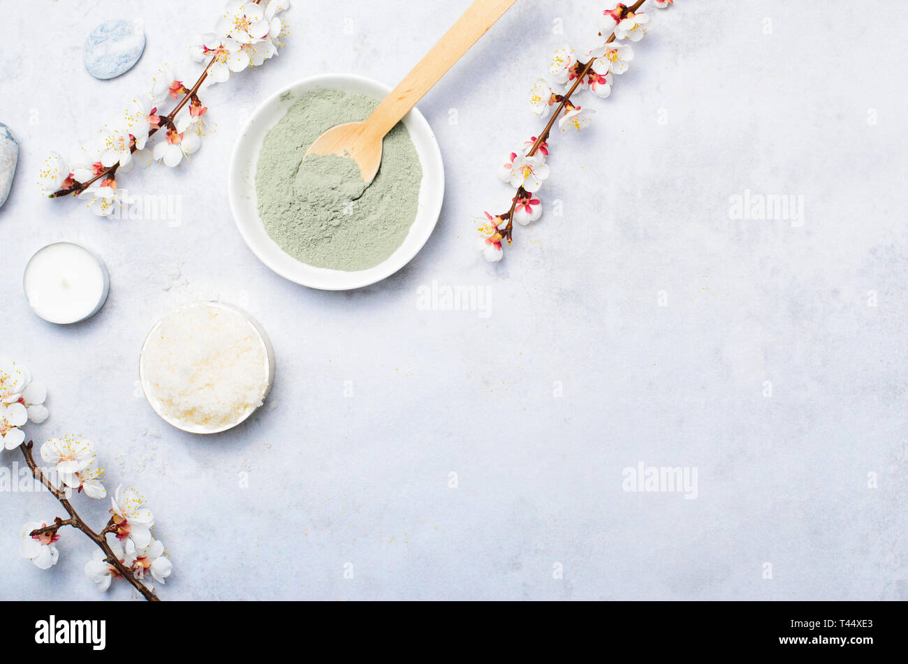 Spa Wellness Background, Natural Cosmetics, Clay Powder and Sugar Scrub, Preparing Skincare Products, Top View Stock Photo