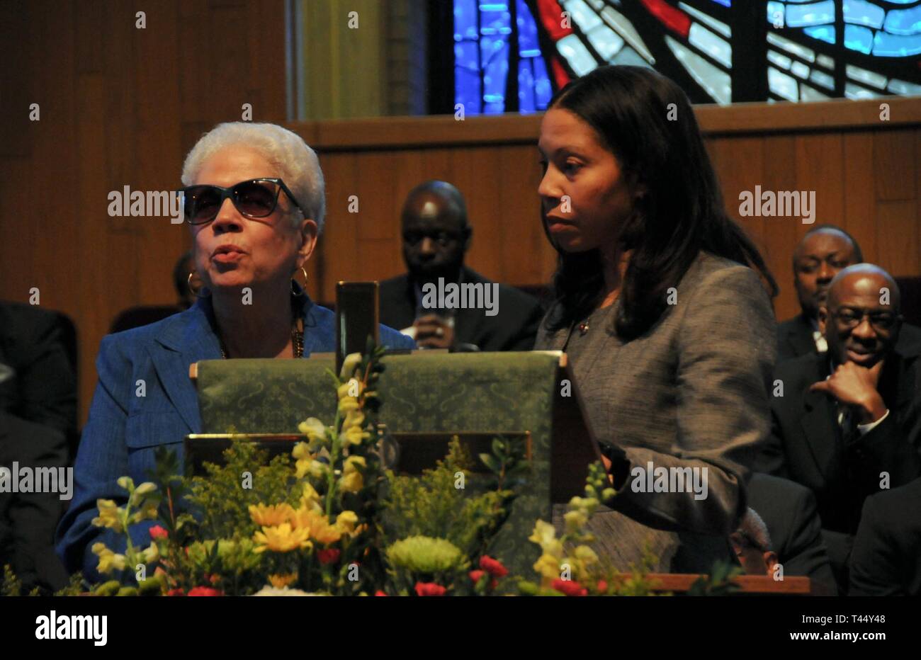 Marla L. Andrews (left), daughter of U.S. Army Air Forces Capt. Lawrence E. Dickson, delivers remarks during a Feb. 24 ceremony held at Fountain Baptist Church in Summit, New Jersey, to recognize her father’s military service. Dickson was a Tuskegee Airman declared missing in action after his plane crashed in Europe in December 1944. Dickson’s remains were identified in November 2018 using the latest DNA tests, making him the first to be identified out of more than two-dozen Tuskegee Airmen declared MIA during World War II. Stock Photo