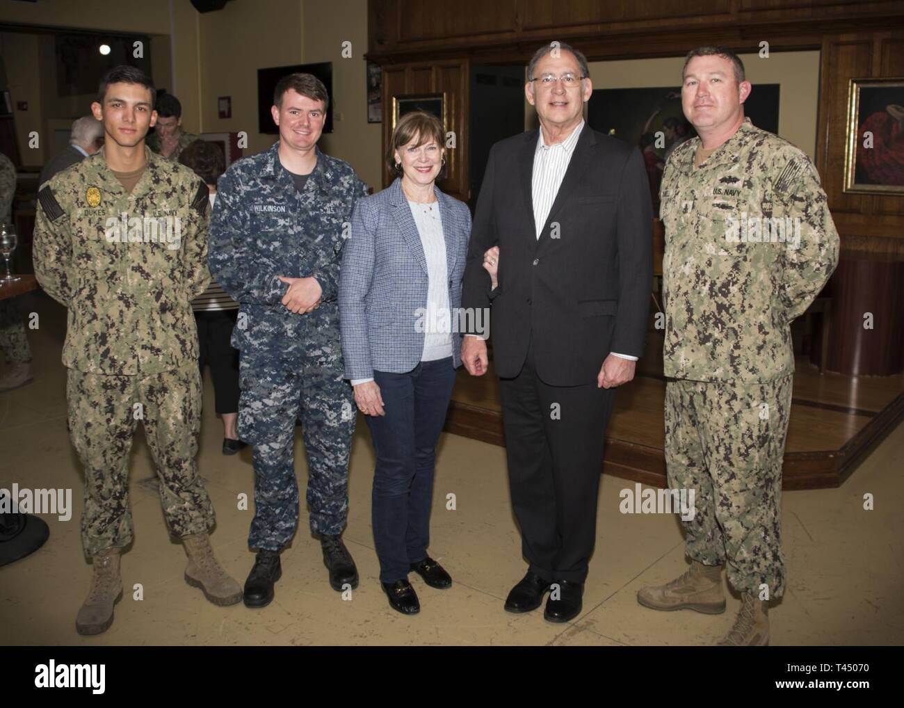 NAVAL STATION ROTA, Spain (February 25, 2019) U.S. Senator (R-AR) John Boozman, center, and spouse Cathy Boozman, pose for a photo with Master-at-Arms Seaman Apprentice Daltyn Dukes, left, Electronics Technician 3rd Class Alex Wilkinson, and Senior Chief Constructionman Todd Maxwell, all from Arkansas, during a meet and greet with service members stationed aboard Naval Station (NAVSTA) Rota.. NAVSTA Rota sustains the fleet, enables the fighter and supports the family by conducting air operations, port operations, ensuring security and safety, assuring quality of life and providing the core ser Stock Photo