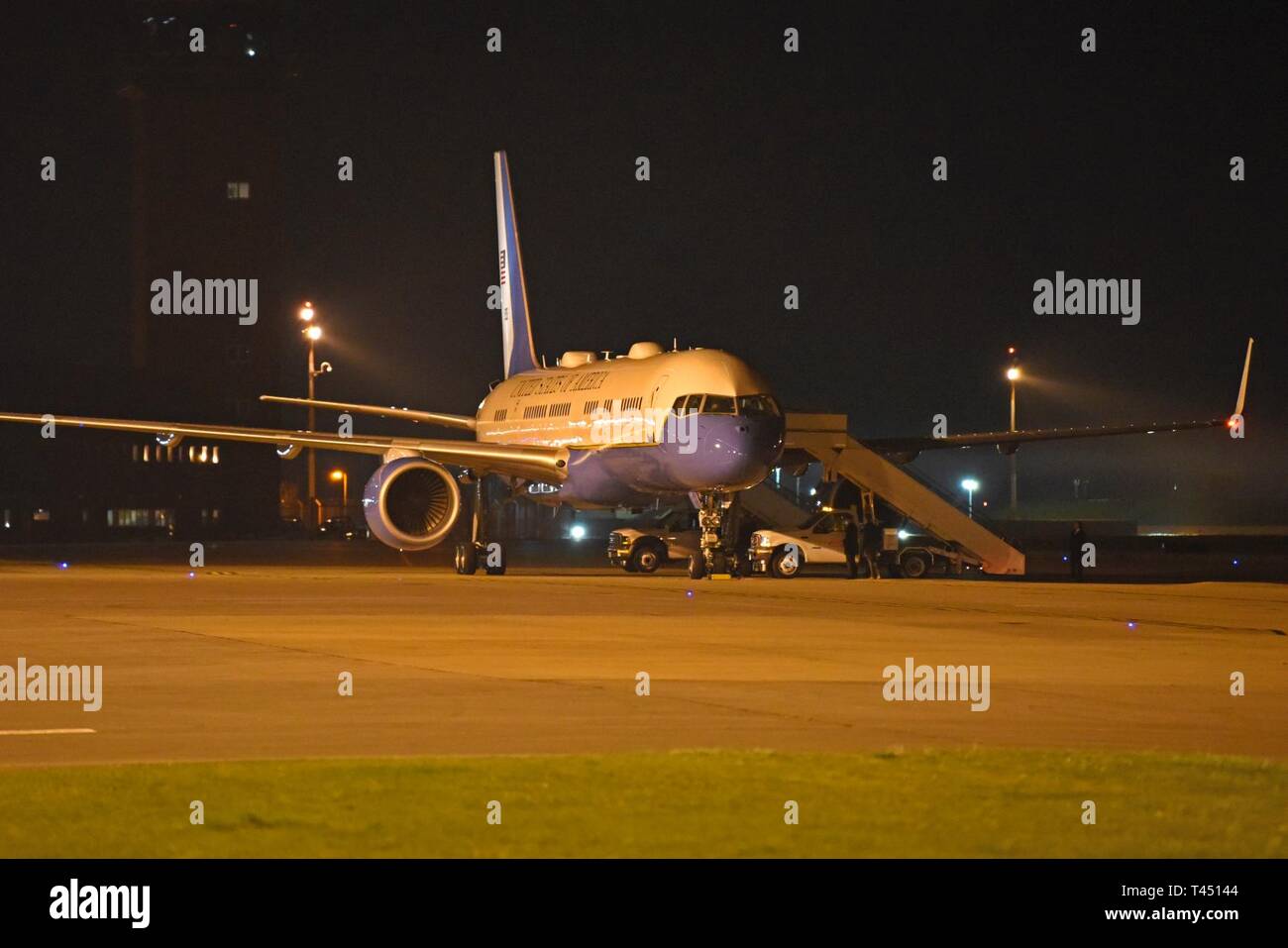 A Boeing C-32, known as “Air Force Two” receives fuel during a stop at RAF Mildenhall, England, Feb. 26, 2019. Along with Air Force One and an E-4B National Airborne Operations Center, the aircraft were in route to Hanoi, the capital city of Vietnam, for President Donald J. Trump’s second summit with North Korean leader Kim Jong-Un. Stock Photo