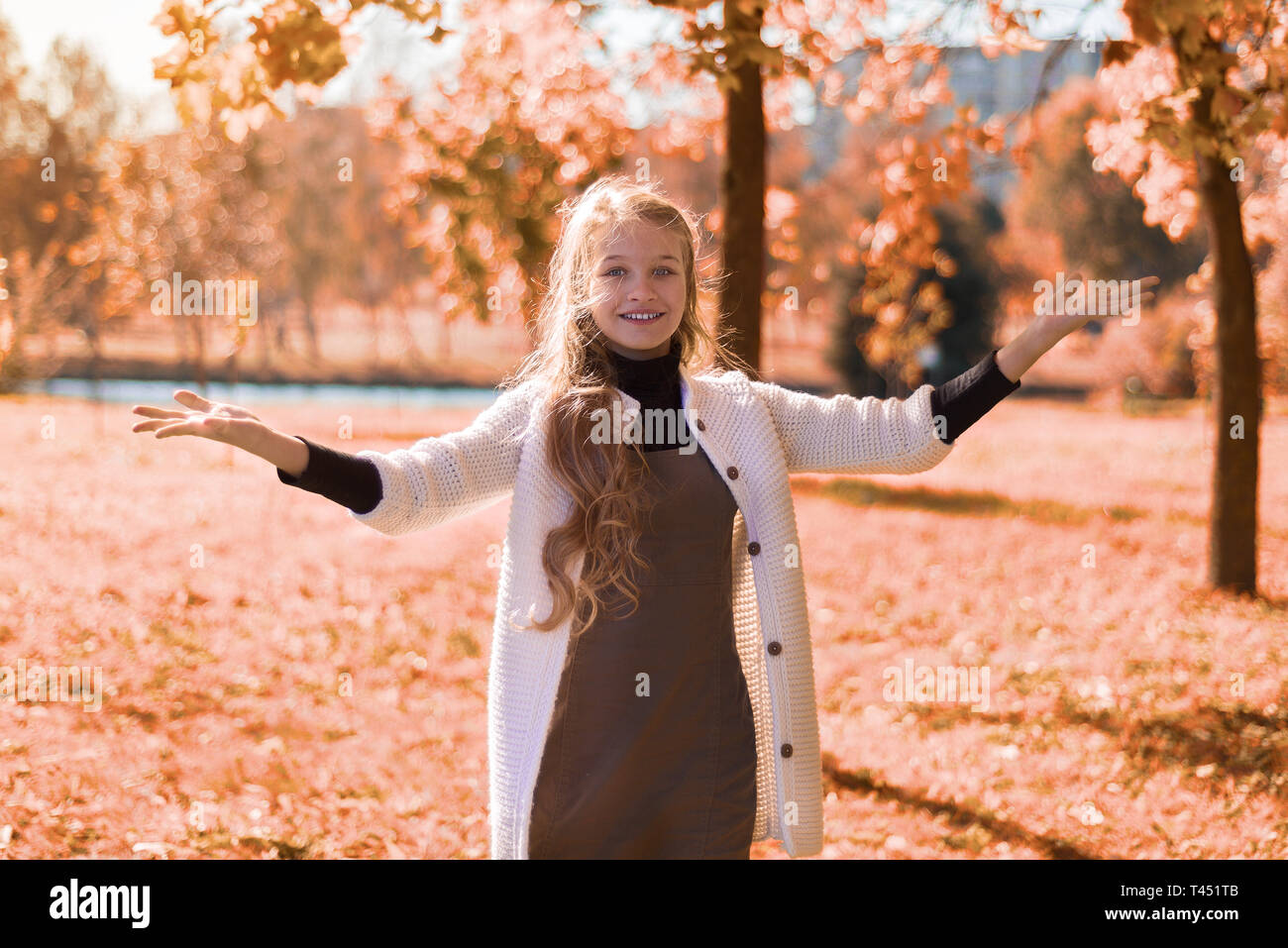Autumn beautiful portrait of a young girl in the park with foliage ...
