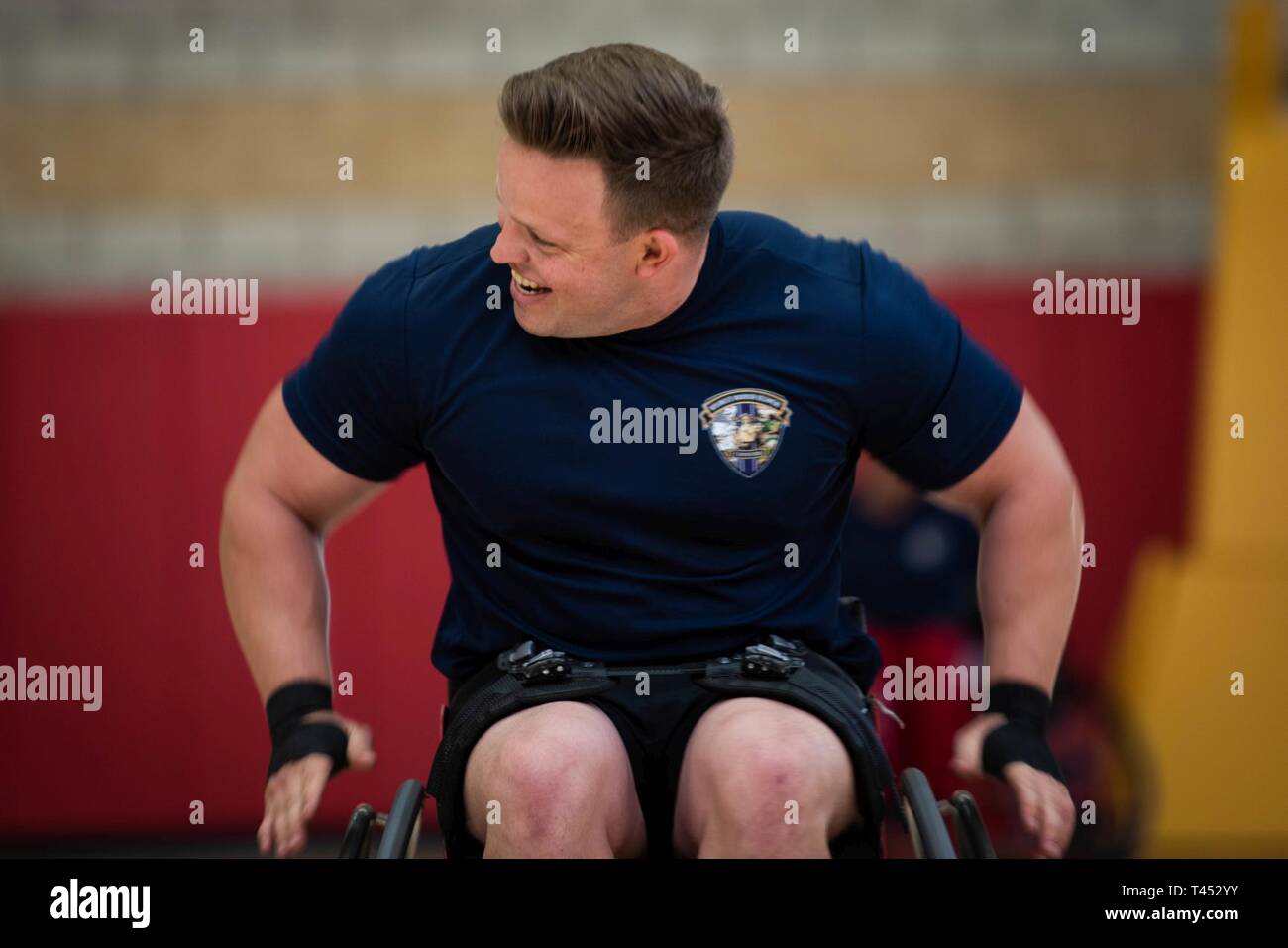 U.S. Marine Corps Gunnery Sgt. Steve McKay participates in a drill at wheelchair basketball practice during the 2019 Marine Corps Trials at Marine Corps Base Camp Pendleton, California, Feb. 27. The Marine Corps Trials promotes rehabilitation through adaptive sports participation and serves as the primary venue to select Marine Corps participants for the DoD Warrior Games. (Official U.S. Marine Corps Stock Photo