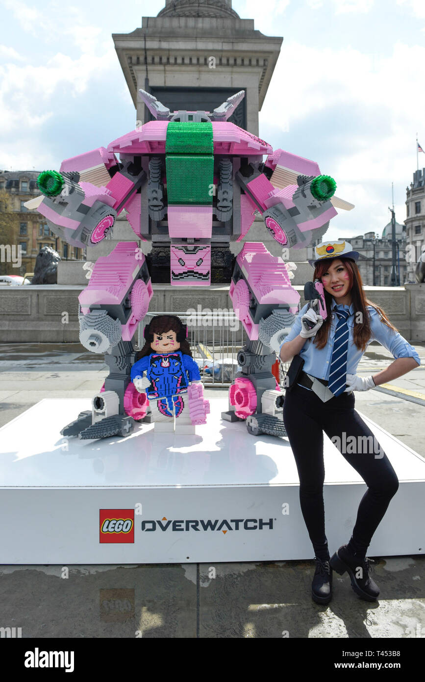 London, UK. 13 April 2019. A staff member presents LEGO Overwatch's 3m high  D.VA statue, made from 150,000 LEGO bricks at the Trafalgar Square Games  Festival, the climax of the London Games