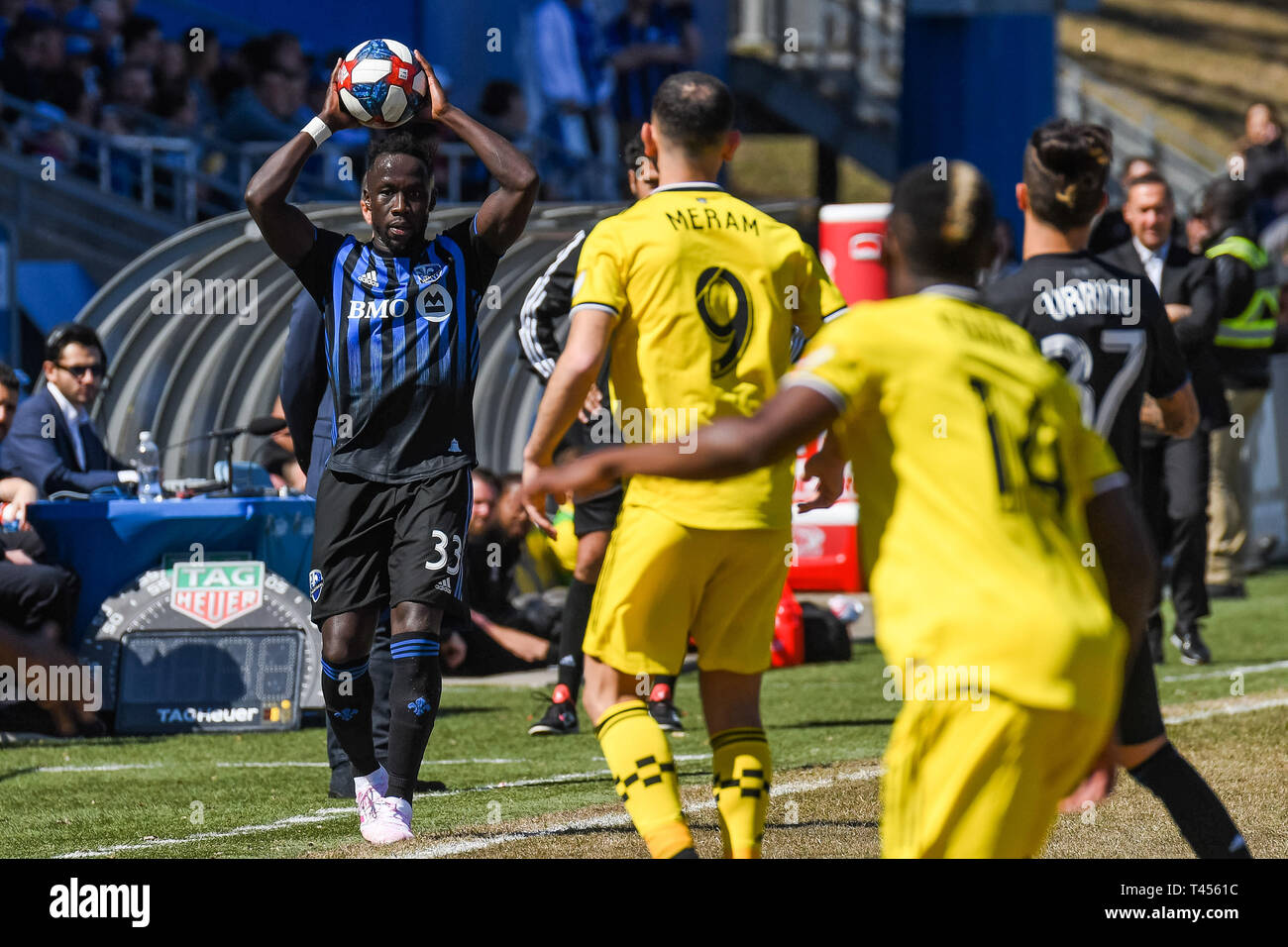Montreal, Quebec. 13th Apr, 2019. Montreal Impact defender Bacary Sagna (33) puts the ball back into play during the Columbus Crew SC at Montreal Impact game at Saputo Stadium in Montreal, Quebec. David Kirouac/CSM/Alamy Live News Stock Photo