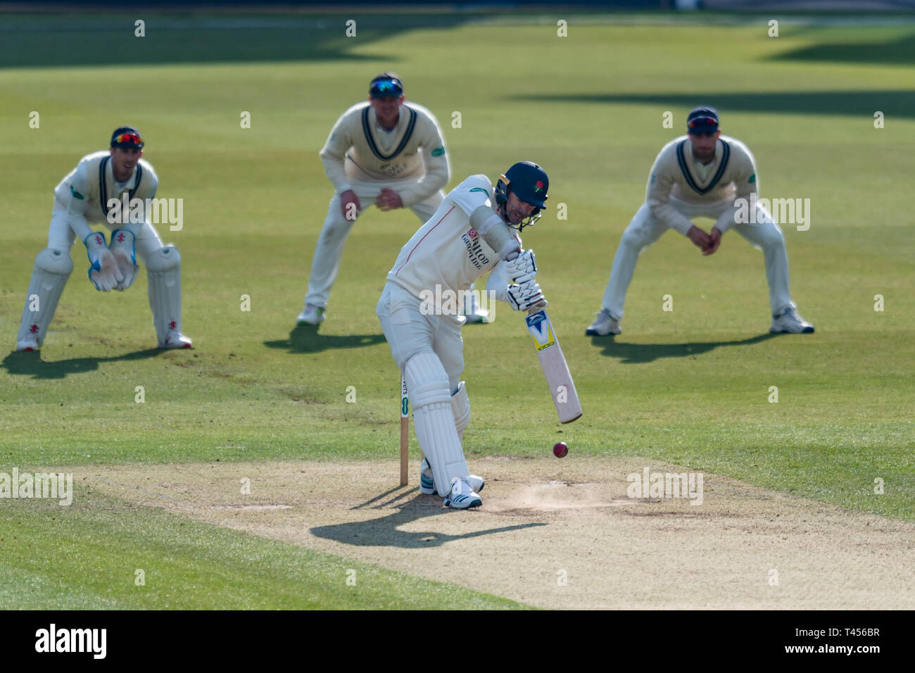 London, UK. 13th Apr, 2019. James Anderson of Lancashire (centre) in action during todays match during Specsavers County Championship match between Middlesex vs Lancashire at The Lord's Cricket Ground on Saturday, April 13, 2019 in  London England. (Editorial use only, license required for commercial use. No use in betting, games or a single club/league/player publications.) Credit: Taka G Wu/Alamy Live News Stock Photo