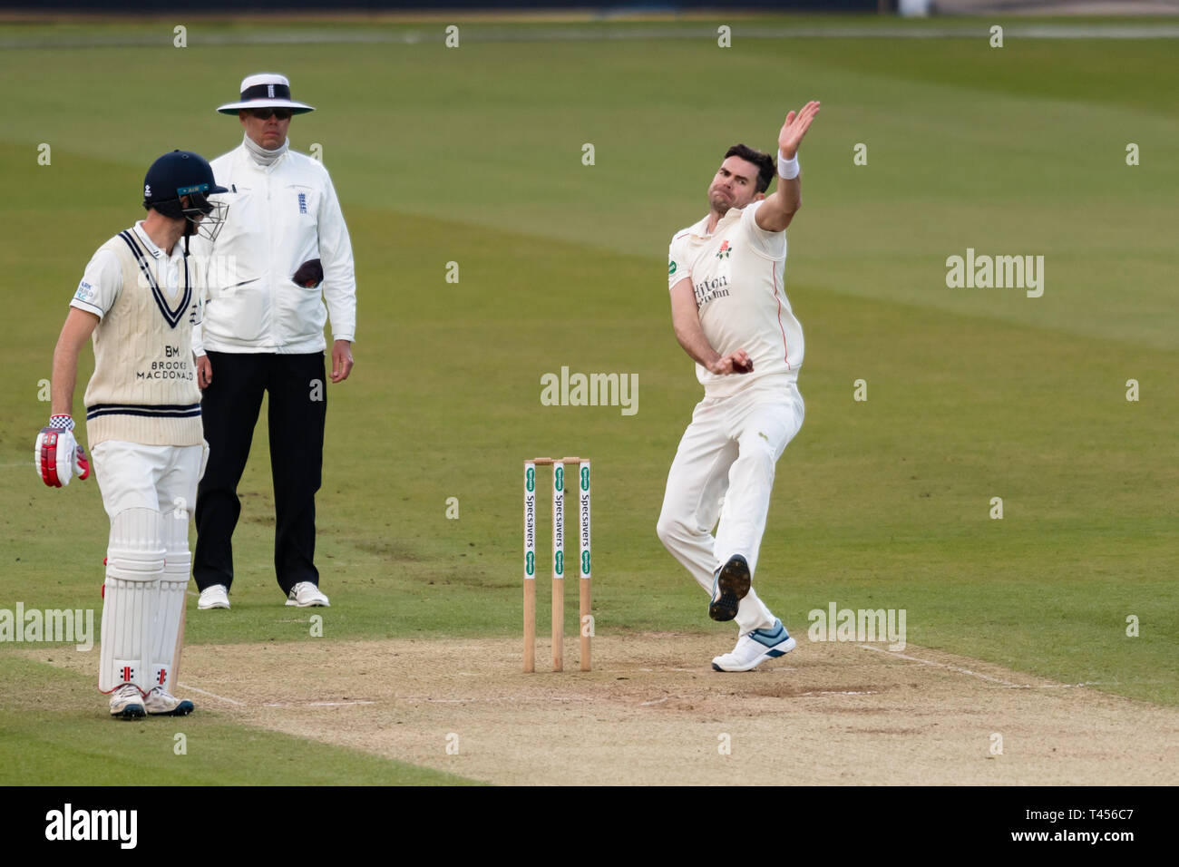 London, UK. 13th Apr, 2019. James Anderson of Lancashire in action during todays match during Specsavers County Championship match between Middlesex vs Lancashire at The Lord's Cricket Ground on Saturday, April 13, 2019 in  London England. (Editorial use only, license required for commercial use. No use in betting, games or a single club/league/player publications.) Credit: Taka G Wu/Alamy Live News Stock Photo