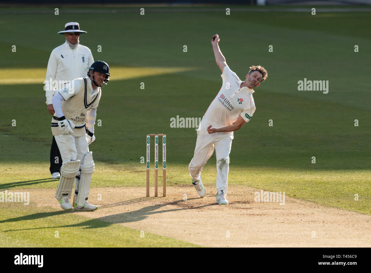 London, UK. 13th Apr, 2019. Graham Onions of Lancashire in action during todays match during Specsavers County Championship match between Middlesex vs Lancashire at The Lord's Cricket Ground on Saturday, April 13, 2019 in  London England. (Editorial use only, license required for commercial use. No use in betting, games or a single club/league/player publications.) Credit: Taka G Wu/Alamy Live News Stock Photo