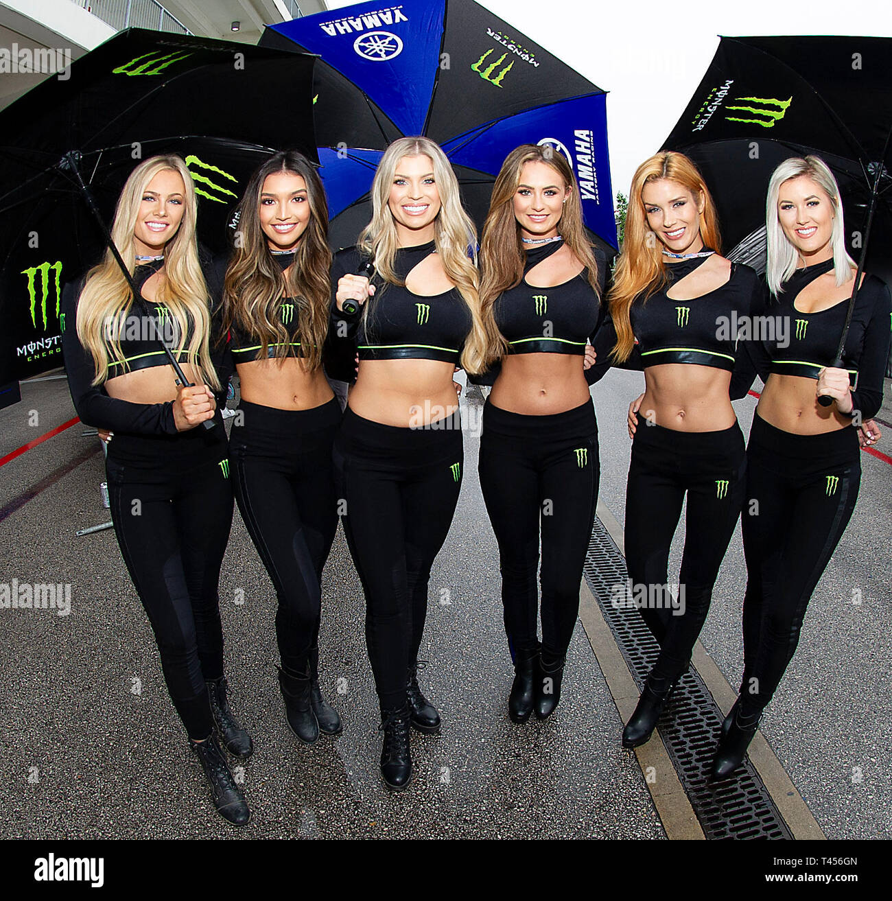 April 13, 2019: Monster Paddock Girls in action before the start of MotoGP  Free Practice 3 at the Red Bull Grand Prix of the Americas. Austin, Texas.  Mario Cantu/CSM Stock Photo - Alamy