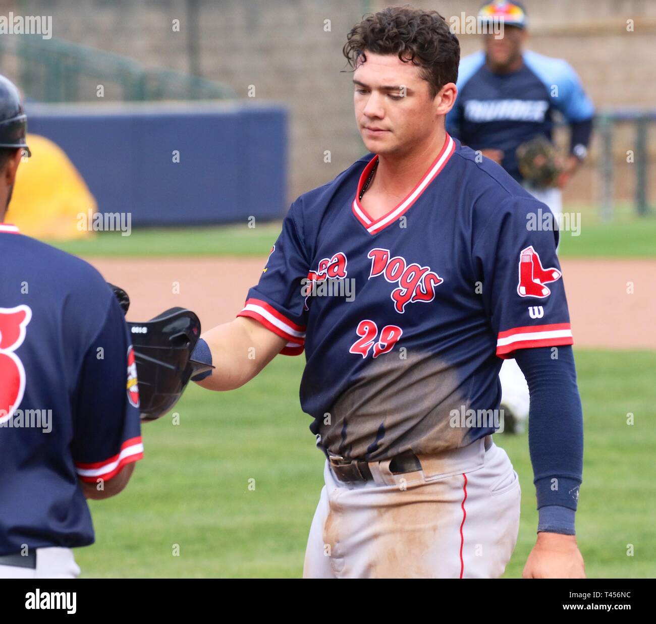 Trenton, New Jersey, USA. 13th Apr, 2019. BOBBY DALBEC of the Portland Sea  Dogs after getting picked off first base in a game vs. the Trenton Thunder  at ARM & HAMMER Park.