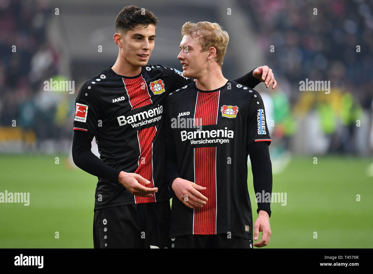 v.li: Kai HAVERTZ (Bayer Leverkusen) and Julian BRANDT (Bayer Leverkusen)  after the end of the game, embrace, joy, action. Soccer 1. Bundesliga,  29.matchday, matchday29, VFB Stuttgart-Bayer Leverkusen 0-1, on 13/04/2019  in Stuttgart/Germany.