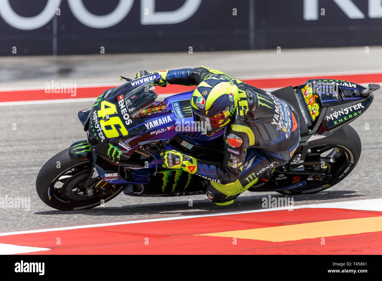 April 13, 2019: Valentino Rossi #46 with Monster Energy Yamaha MotoGP Team  - Yamaha YZR-M1 in action MotoGP Free Practice 3 at the Red Bull Grand Prix  of the Americas. Austin, Texas.