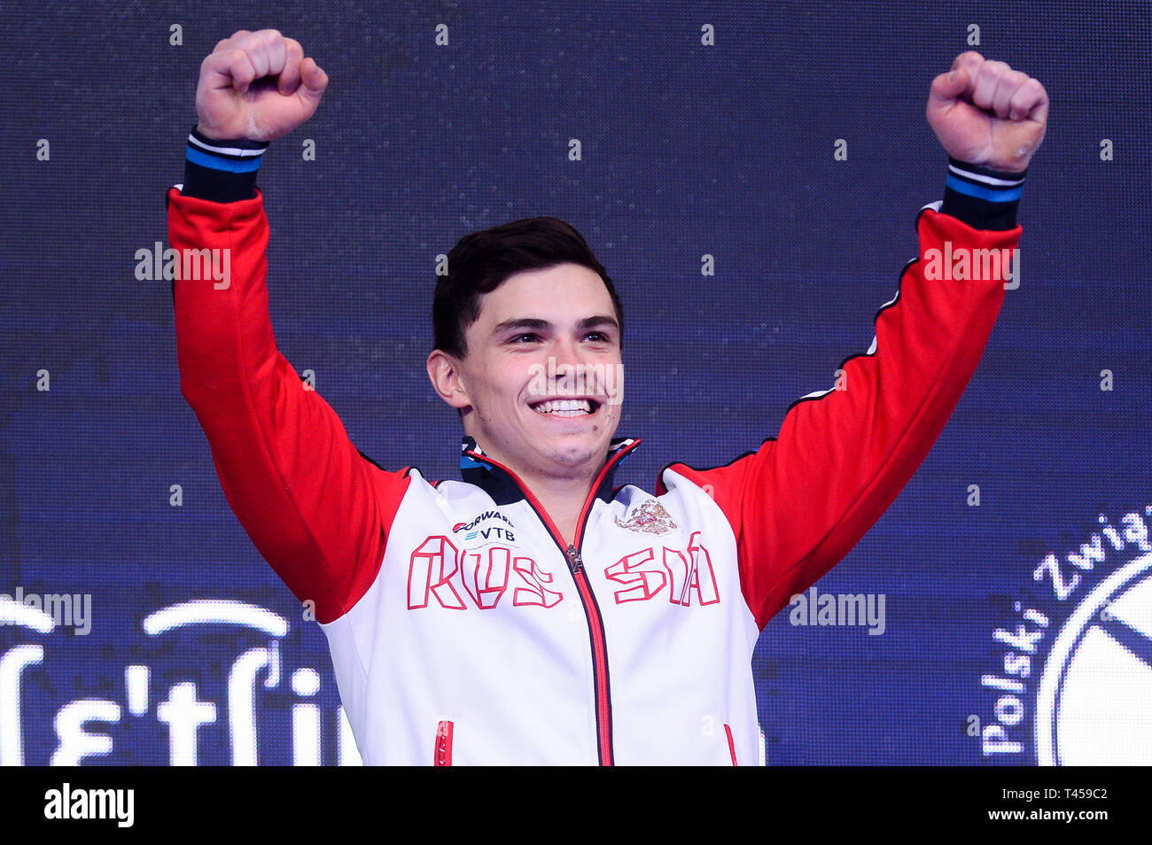 Artur Dalaloyan from Russia seen celebrating during the Apparatus Finals of 8th European Championships in Artistic Gymnastics (Day 4) Stock Photo