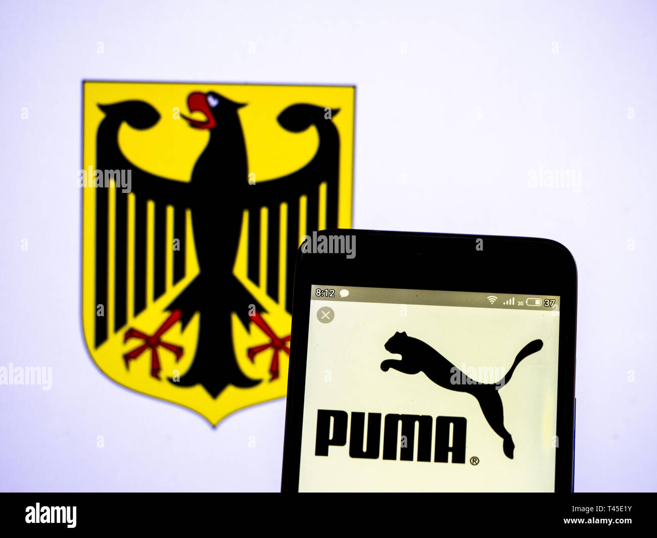 Kiev, Ukraine. 14th Apr, 2019. In this photo illustration a Puma SE logo  seen displayed on a smart phone. Credit: Igor Goiovniov/SOPA Images/ZUMA  Wire/Alamy Live News Stock Photo - Alamy