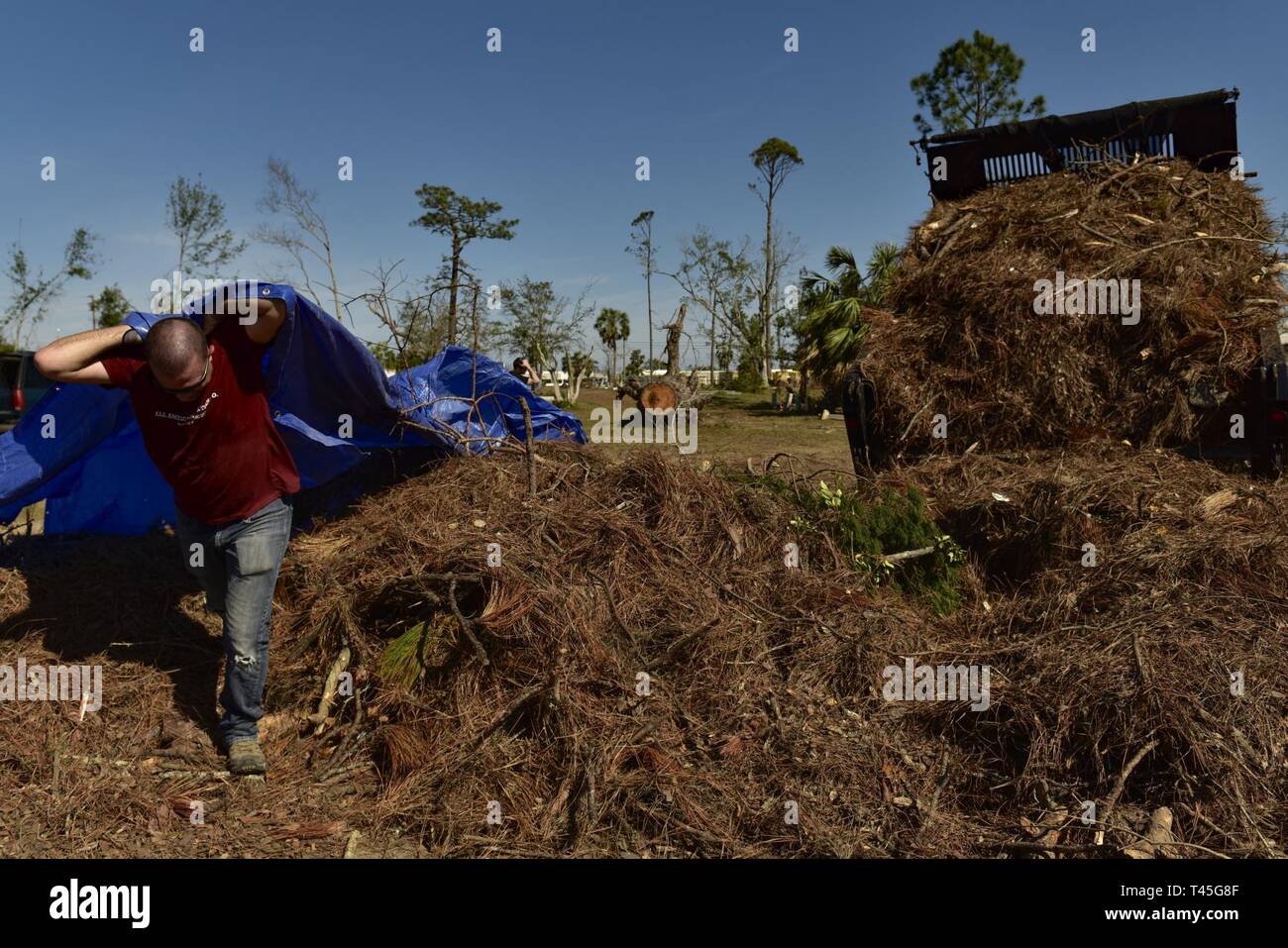 U.S. Air Force Maj. Ryan Davis, 325th Force Support Squadron operations officer, pulls a tarp full of debris during a volunteer cleanup event at Oakland Cemetery, in Panama City, Fla., Feb. 23, 2019. Volunteers have been teaming up since the hurricane to help speed up the recovery process of the Panama City Beach area. Stock Photo