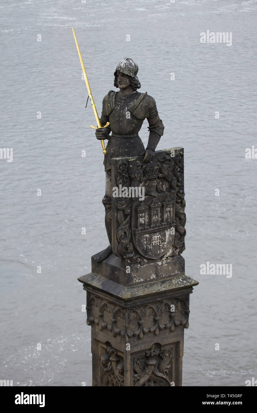 Statue of Bruncvík designed by Czech sculptor Ludvík Šimek (1884) placed on the bridge pillar on the Charles Bridge in Prague, Czech Republic. Stock Photo