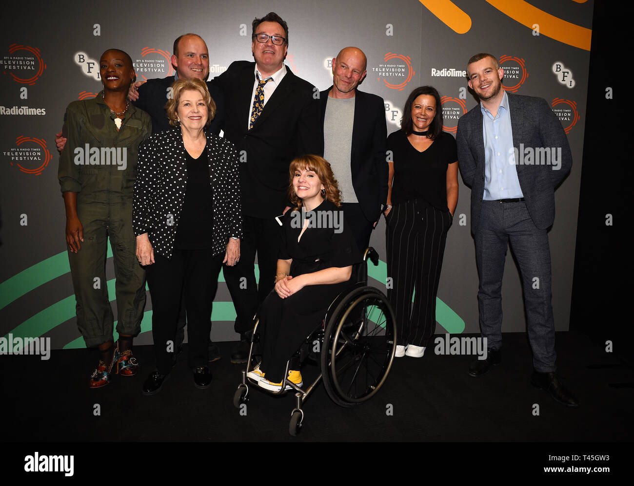 (left to right) T'nia Miller, Rory Kinnear, Anne Reid, Russell T Davies, Ruth Madeley, Simon Cellan Jones, Nicola Shindler and Russell Tovey at a photo call for Years and Years during the BFI and Radio Times Television Festival at the BFI Southbank, London. Stock Photo