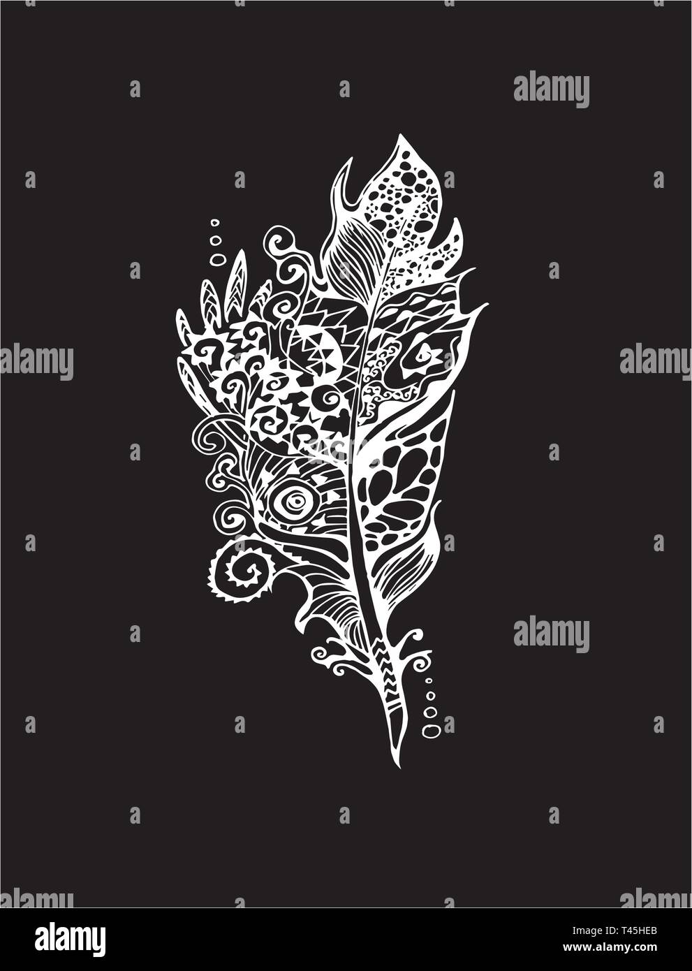 Illustration with stylized feathers with doodle patterns. Chalk on a blackboard. Stock Vector
