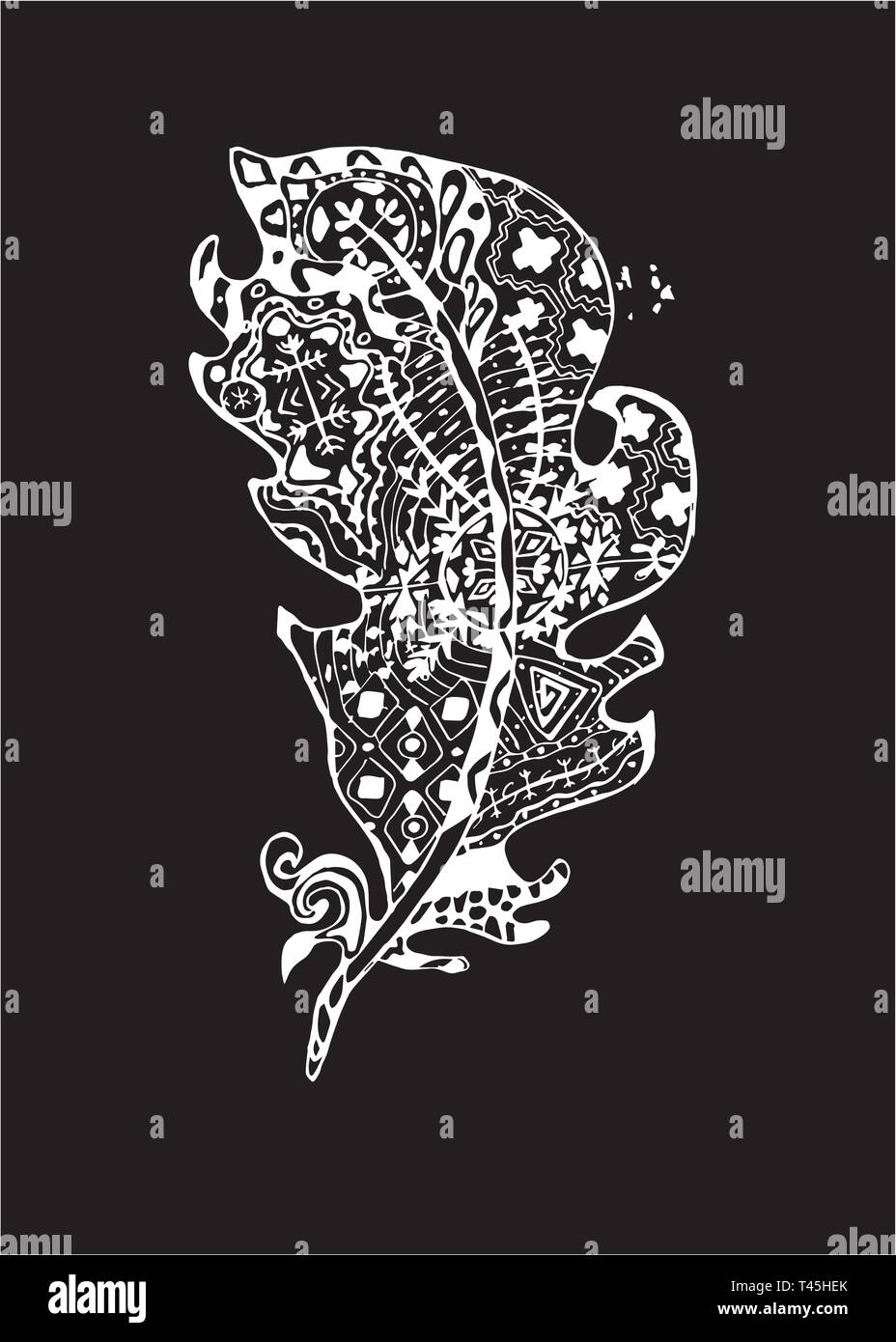 Illustration with stylized feathers with doodle patterns. Chalk on a blackboard Stock Vector