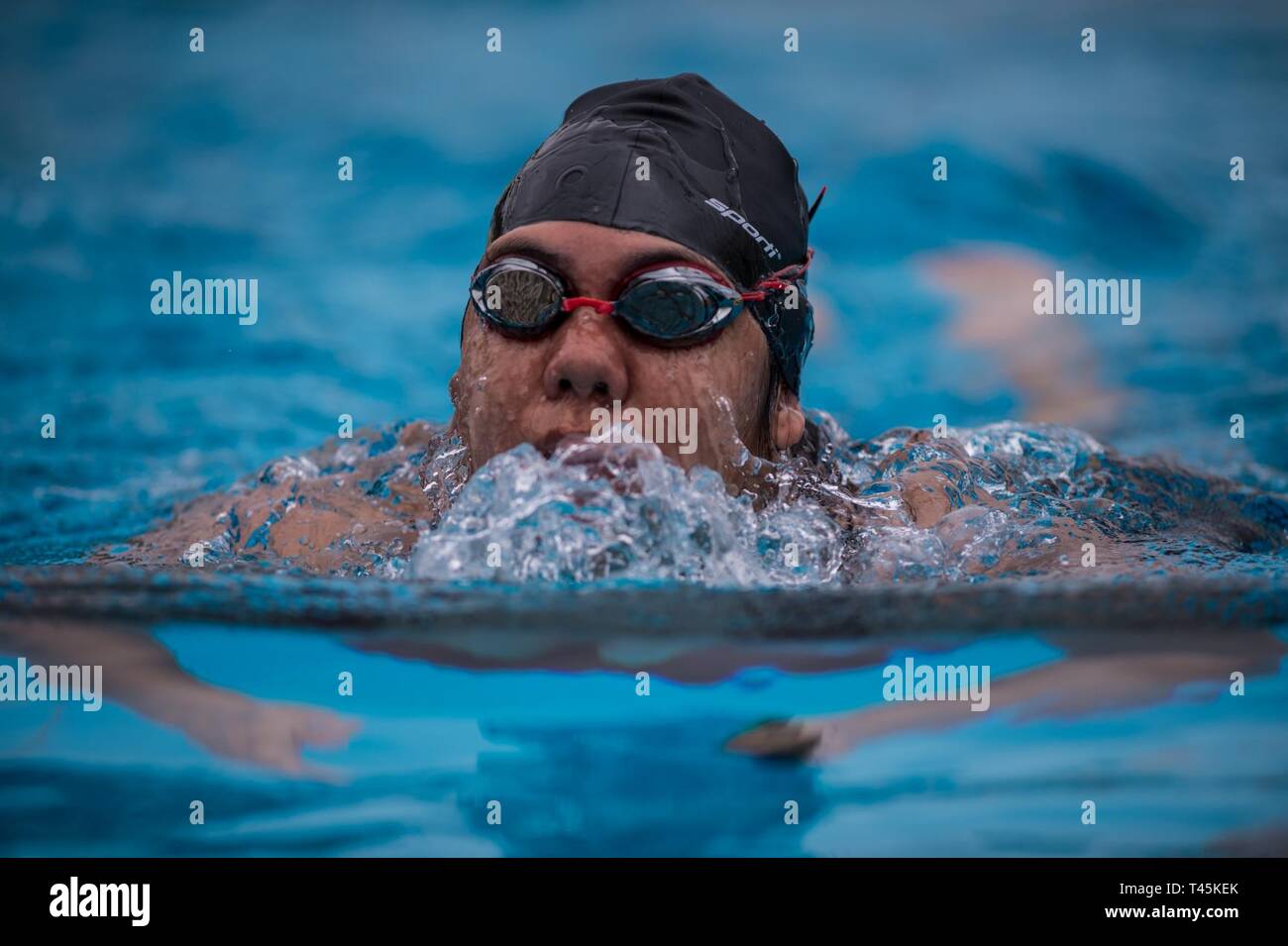 A U.S. Marine Corps athlete practices swimming during the 2019 Marine Corps Trials at Marine Corps Base Camp Pendleton, California, March 1. The Marine Corps Trials promotes recovery and rehabilitation through adaptive sports participation and develops camaraderie among recovering service members and veterans. Additionally, the competition is an opportunity for participants to demonstrate physical and mental achievements and serves as the primary venue to select Marine Corps participants for the DoD Warrior Games. Stock Photo