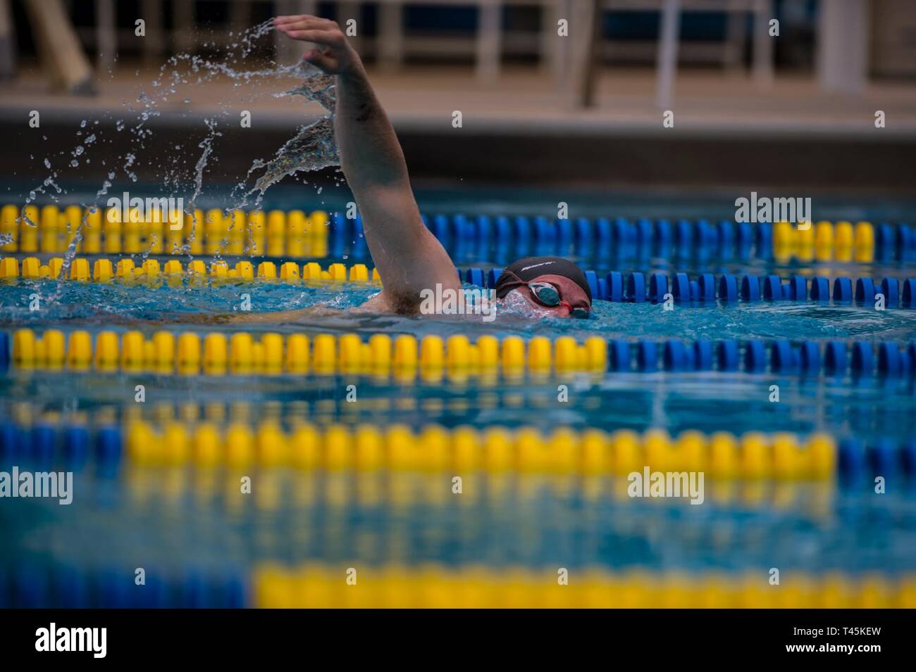 A U.S. Marine Corps athlete practices swimming during the 2019 Marine Corps Trials at Marine Corps Base Camp Pendleton, California, March 1. The Marine Corps Trials promotes recovery and rehabilitation through adaptive sports participation and develops camaraderie among recovering service members and veterans. Additionally, the competition is an opportunity for participants to demonstrate physical and mental achievements and serves as the primary venue to select Marine Corps participants for the DoD Warrior Games. Stock Photo