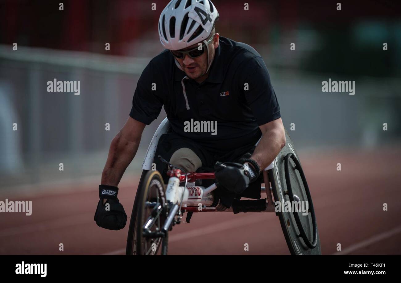 A Georgian athlete practices on the track during the 2019 Marine Corps Trials at Marine Corps Base Camp Pendleton, California, March 1. The Marine Corps Trials promotes recovery and rehabilitation through adaptive sports participation and develops camaraderie among recovering service members and veterans. Additionally, the competition is an opportunity for participants to demonstrate physical and mental achievements and serves as the primary venue to select Marine Corps participants for the DoD Warrior Games. Stock Photo