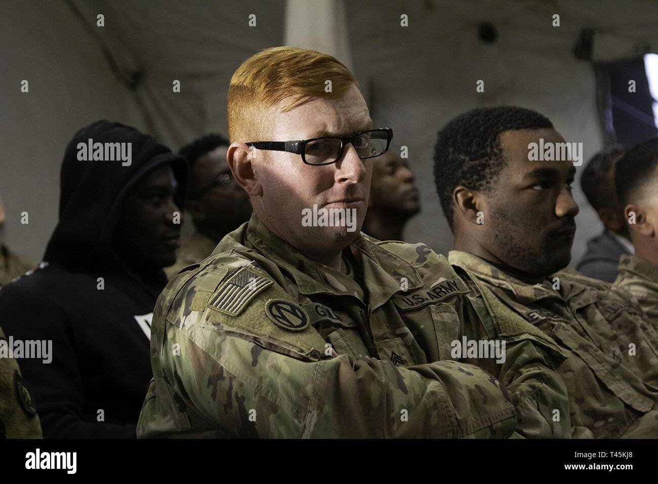 Sgt. Sonny Guild with the 300th Sustainment Brigade participates in master resiliency training at Camp Arifjan, Kuwait, Mar. 1, 2019. Stock Photo