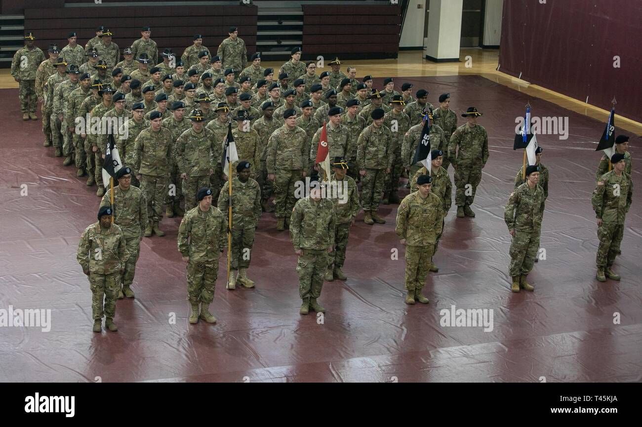 CAMP HUMPHREYS, Republic of Korea – Soldiers with 1-25th Attack Reconnaissance Battalion, Task Force Arctic, participate in a Transfer of Authority ceremony at Camp Humphreys Super Gym, March 1. Task Force Arctic assumed responsibility of the rotation HARS within 100 days of the initial notification as part of a continued effort to strengthen the ROK-U.S. alliance. Stock Photo