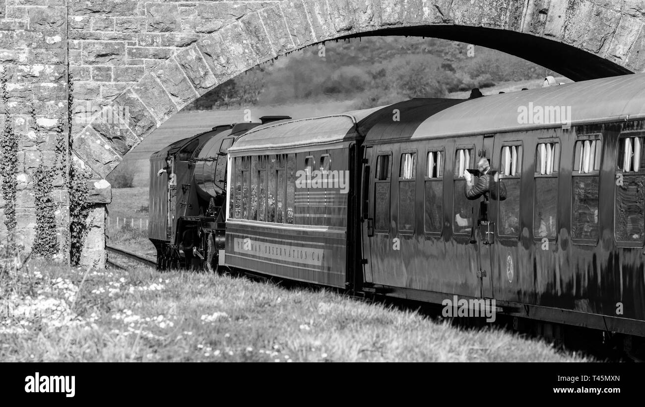 Flying Scotsman pass under the bridge at Purbeck Hill, Dorset, UK Stock Photo