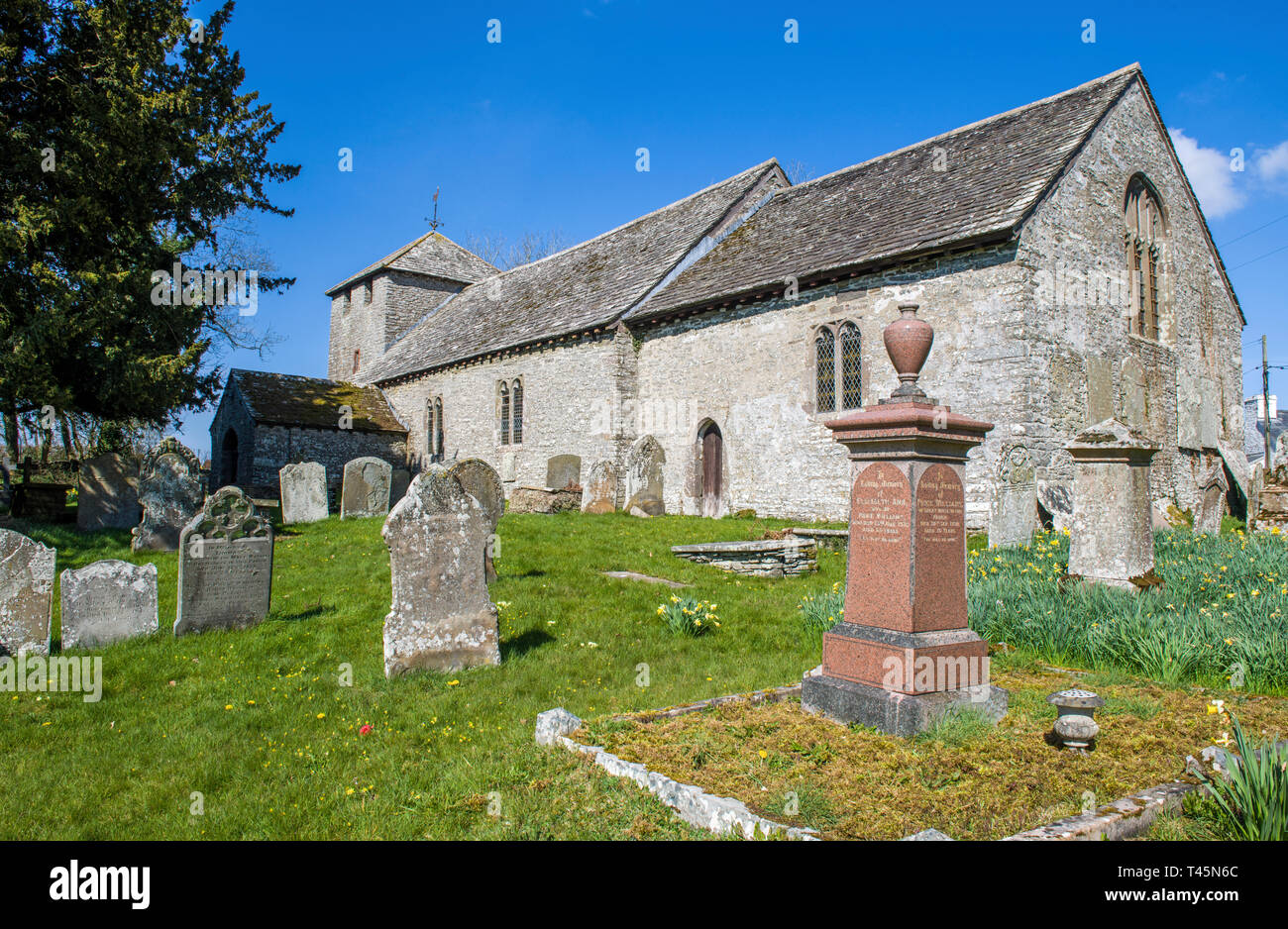 Llandeilo Graban Church Radnorshire Powys Mid Wales on a sunny Spring day. Photographed from the churchyard looking north west. Stock Photo