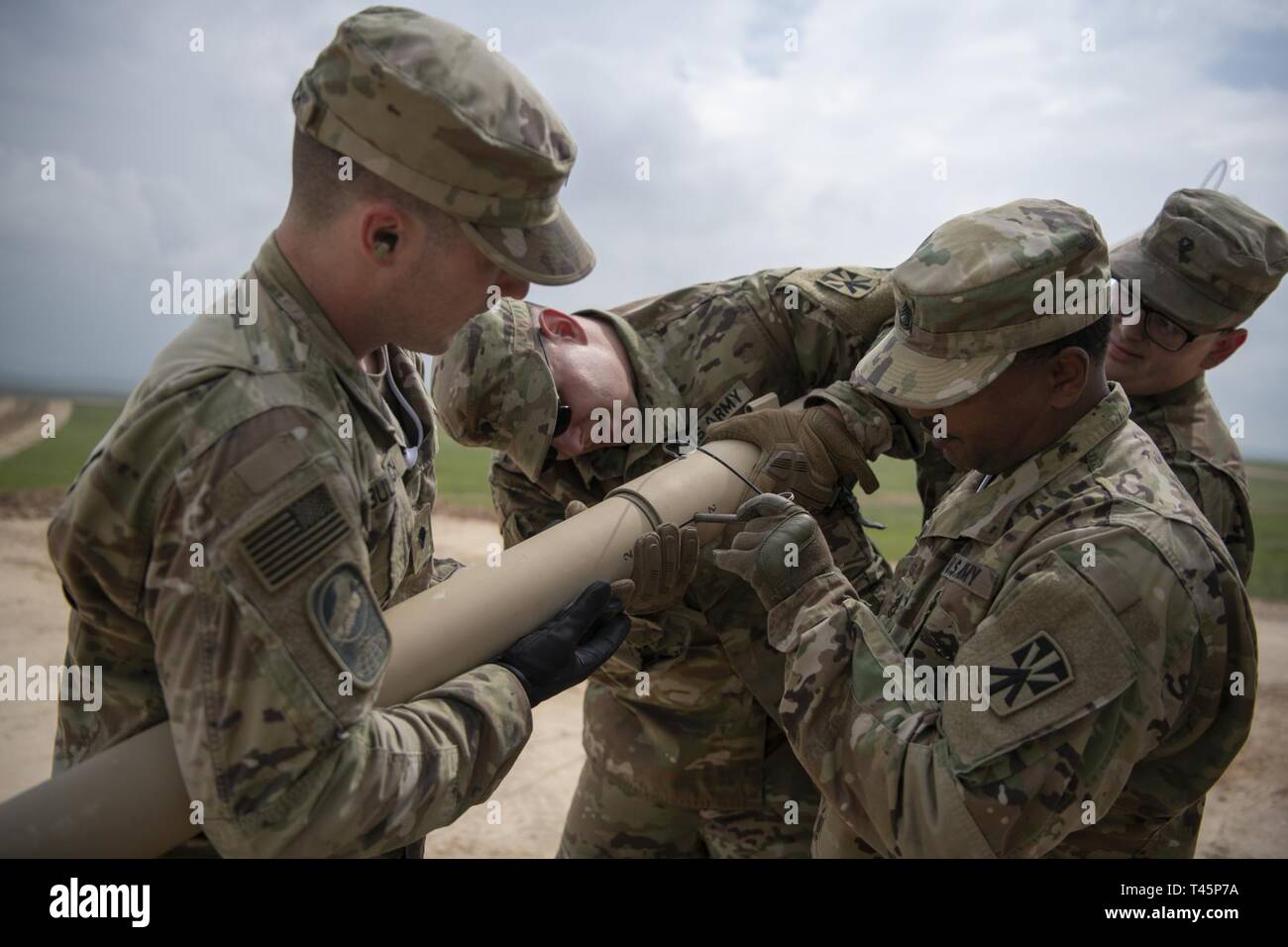 U.S. Army soliders from Bravo Battery, 2nd Air Defense Artillery Regiment, 11th Air Defense Artillery Brigade prepare equipment at the THAAD site in Israel on March 4 ,2019.   The deployment of a THAAD System to Israel is an exercise involving U.S. Army, U.S. Air Force and Israeli forces, under the Dynamic Force Employment concept. The exercise builds readiness and interoperability in the region, demonstrates the U.S. capability to rapidly deploy air defense assets globally, and demonstrates U.S. Army Europe's mission to deter potential adversaries and support allies. Stock Photo