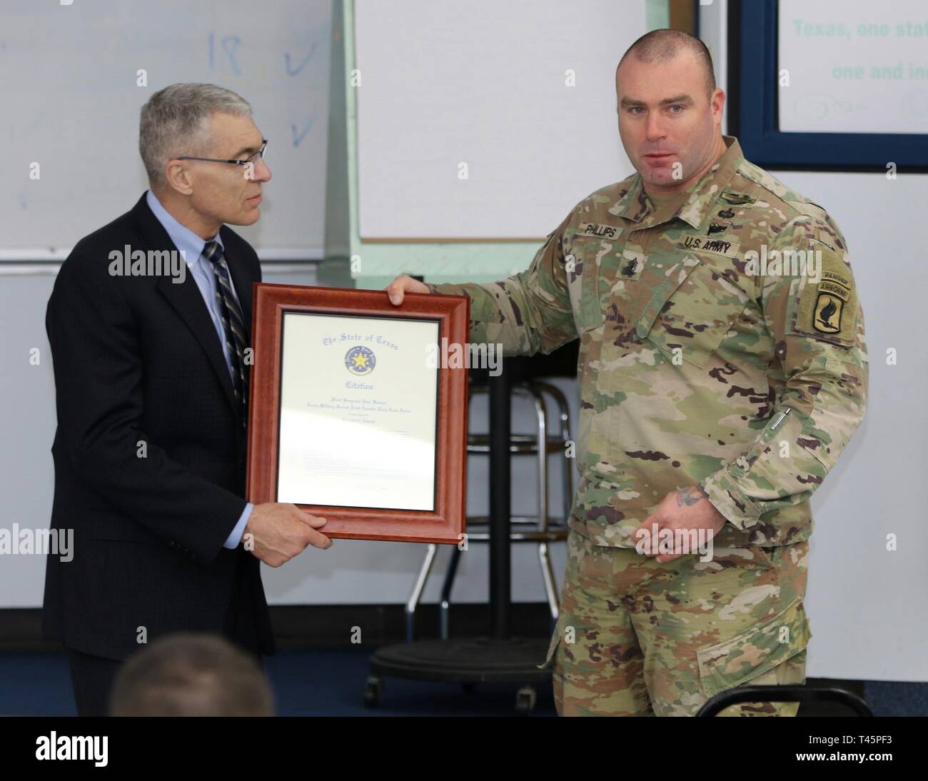 The Texas Department of Public Safety Director, Steven McGraw, awarded three Texas National Guard Joint Counterdrug Task Force service members with the highest award given to people outside of the DPS organization.  The counterdrug task force members provided vital tactical emergency casualty care training allowing DPS troopers the ability to save lives in the field.  The ongoing partnership between DPS and Counterdrug continues to grow becoming the premiere force to detect, interdict and disrupt drug manufacturing and trafficking along the border and throughout the State of Texas. Stock Photo