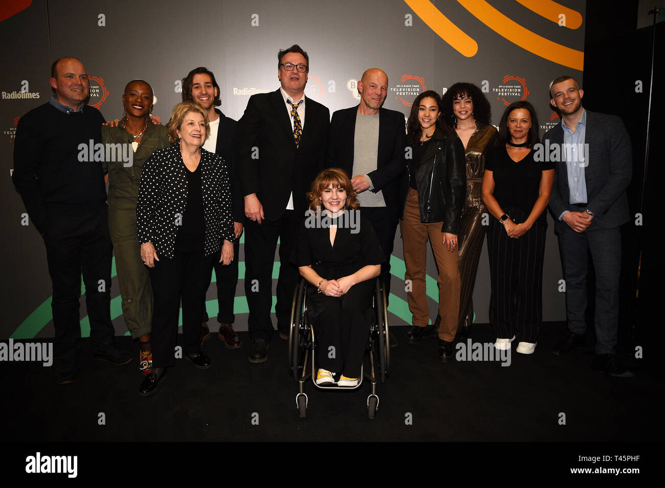 (left to right) Rory Kinnear, T'nia Miller, Anne Reid, Maxim Baldry, Russell T Davies, Ruth Madeley, Simon Cellan Jones, Jade Alleyne, Lydia West, Nicola Shindler and Russell Tovey at a photo call for Years and Years during the BFI and Radio Times Television Festival at the BFI Southbank, London. Stock Photo