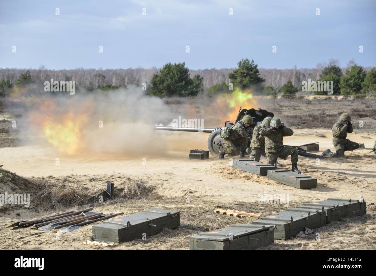 Polish soldiers direct fire a 85 mm D-44 artillery cannon during exercise  Dynamic Front 19 at Torun, Poland, March 8, 2019. Exercise Dynamic Front 19  includes approximately 3,200 service members from 27