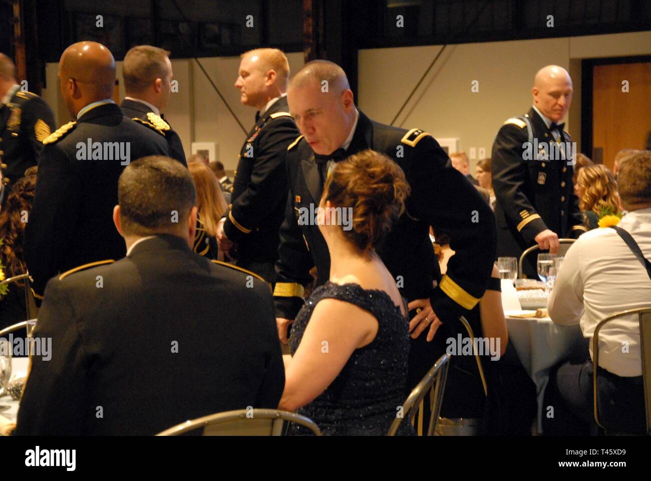 38th Infantry Division Maj. Gen. Gordon Ellis talks with Command Sgt. Maj. Dale Shetler during the 1-151st infantry regiment's military ball Saturday, March 9, 2019, at the Woolery Mill in Bloomington, IN. Stock Photo