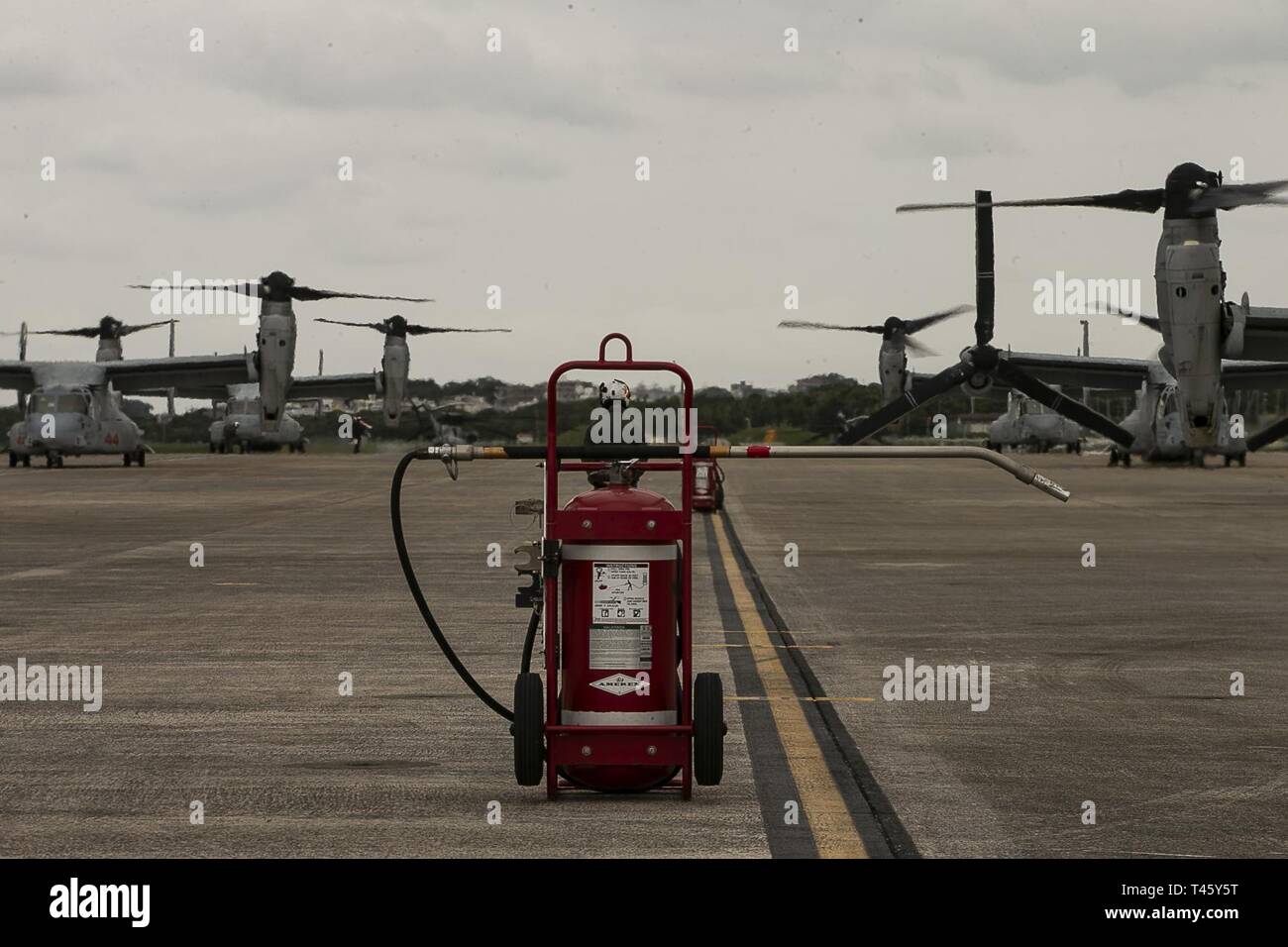 MV-22B Osprey tiltrotor aircraft belonging to Marine Medium Tiltrotor Squadron 262 (Reinforced) idle before flight atop the flight line at Marine Corps Air Station Futenma, Okinawa, Japan, March 11, 2019. VMM-262 (Rein.) is the Aviation Combat Element for the 31st Marine Expeditionary Unit. Marines with the 31st MEU are conducting simulated EABO in a series of dynamic training events to refine their ability to plan, rehearse and complete a variety of missions. During EABO, the 31st MEU partnered with the 3rd Marine Division, 3rd Marine Logistics Group and 1st Marine Aircraft Wing, and airmen w Stock Photo